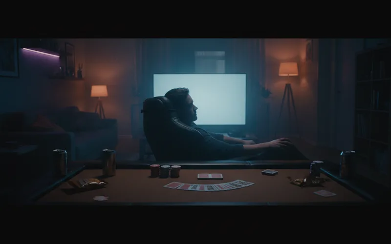 A person sits relaxed in a dark room, facing a glowing screen, with a poker table in front displaying playing cards and drinks.