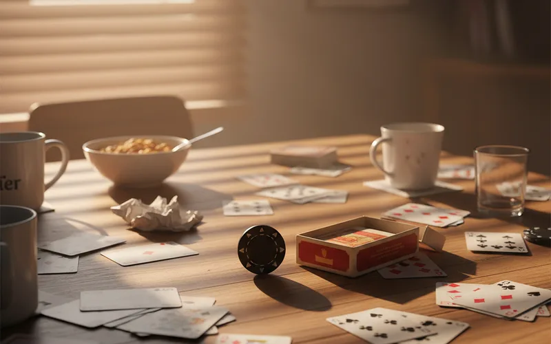 A wooden table scattered with playing cards, a bowl of cereal, crumpled paper, and mugs. Soft light filters in.