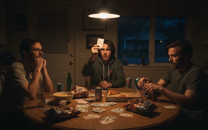 Three people are sitting around a table playing cards in a dimly lit room, with snacks and drinks nearby.