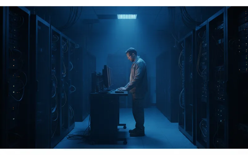 A person stands at a desk with a computer in a dimly lit data center, flanked by server racks.