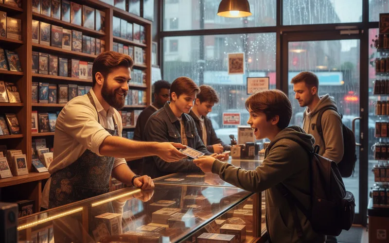 A young boy hands money to a smiling shopkeeper at a counter in a cozy store, while several customers browse nearby.