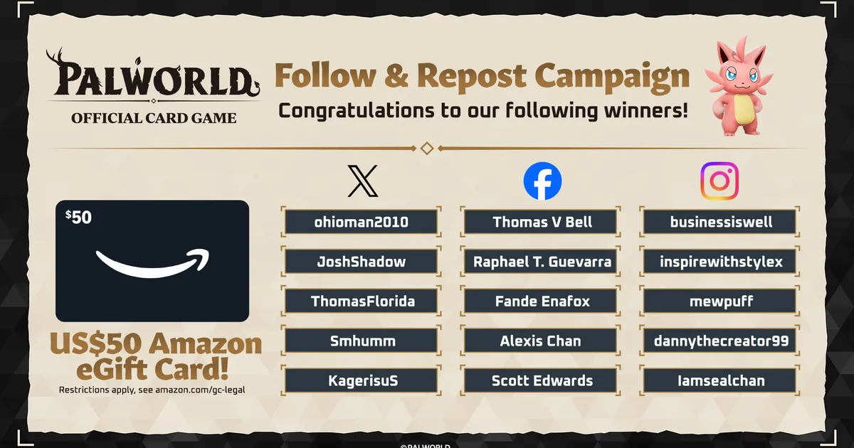 Palworld OFFICIAL CARD GAME Follow & Repost Giveaway Winners