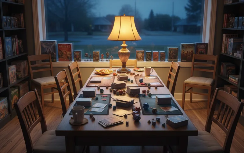 A cozy game room features a wooden table set with board games, dice, and snacks, surrounded by chairs and bookshelves. A lamp illuminates the scene.