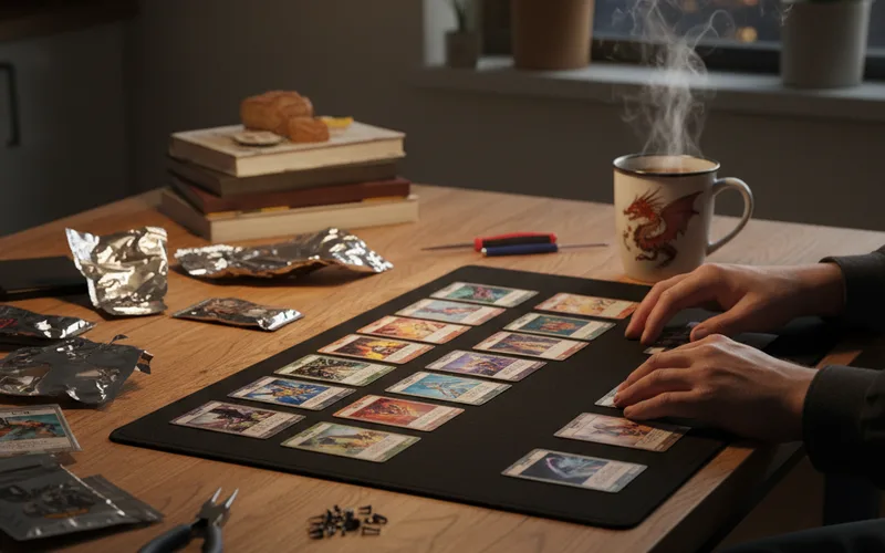A person sorts trading cards on a table, with a steaming mug, a croissant, and stacks of books nearby.