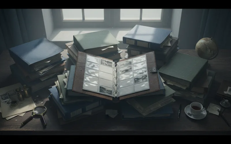 A cluttered desk with stacks of files and an open photo album, beside a cup and a globe, illuminated by window light.