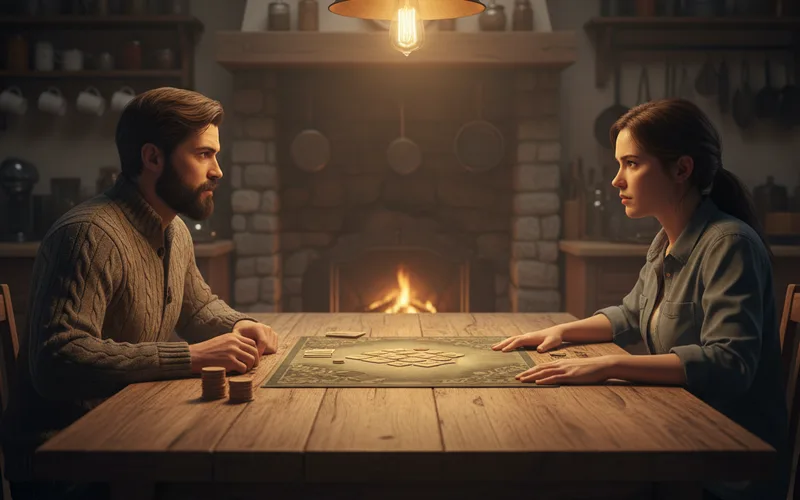 A man and a woman sit at a wooden table, focused on a board game, with a warm fire in the background and a light hanging above.