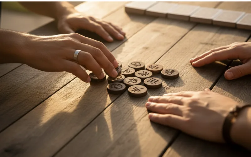 Two hands are reaching toward circular game pieces arranged on a wooden table, with another hand in the background.