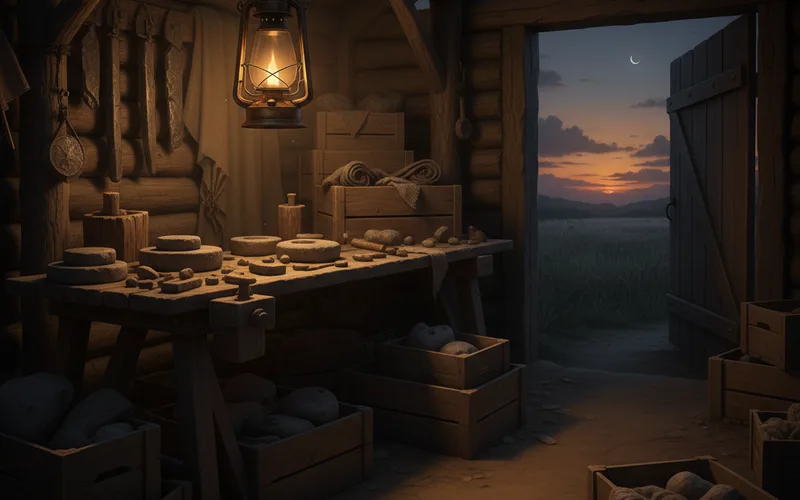 A rustic workshop with a wooden table, lantern, tools, and crates, looking out to a sunset.