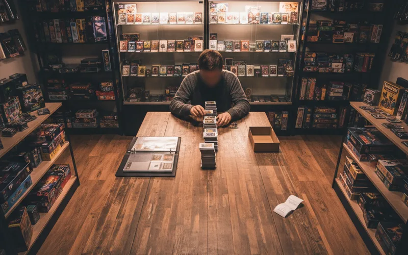 A person sits at a wooden table organizing card boxes, surrounded by shelves filled with games and collectibles.