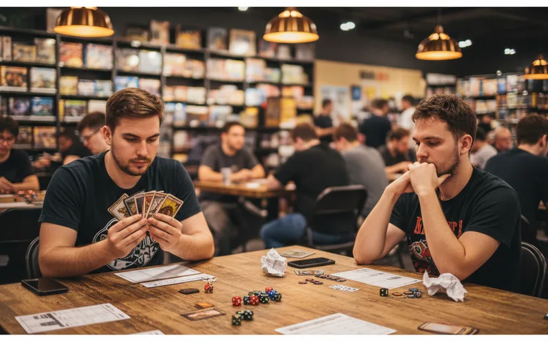Two young men are sitting at a table playing a card game, surrounded by people in a board game cafe. Various game pieces and dice are scattered on the table.